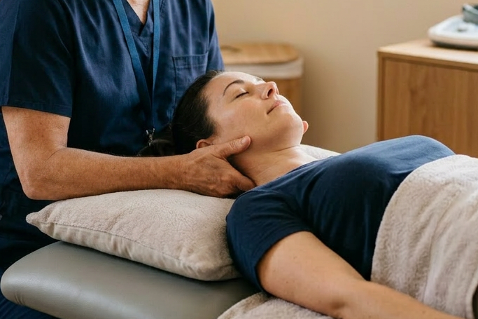 Therapist massaging neck of relaxed patient lying on a treatment table